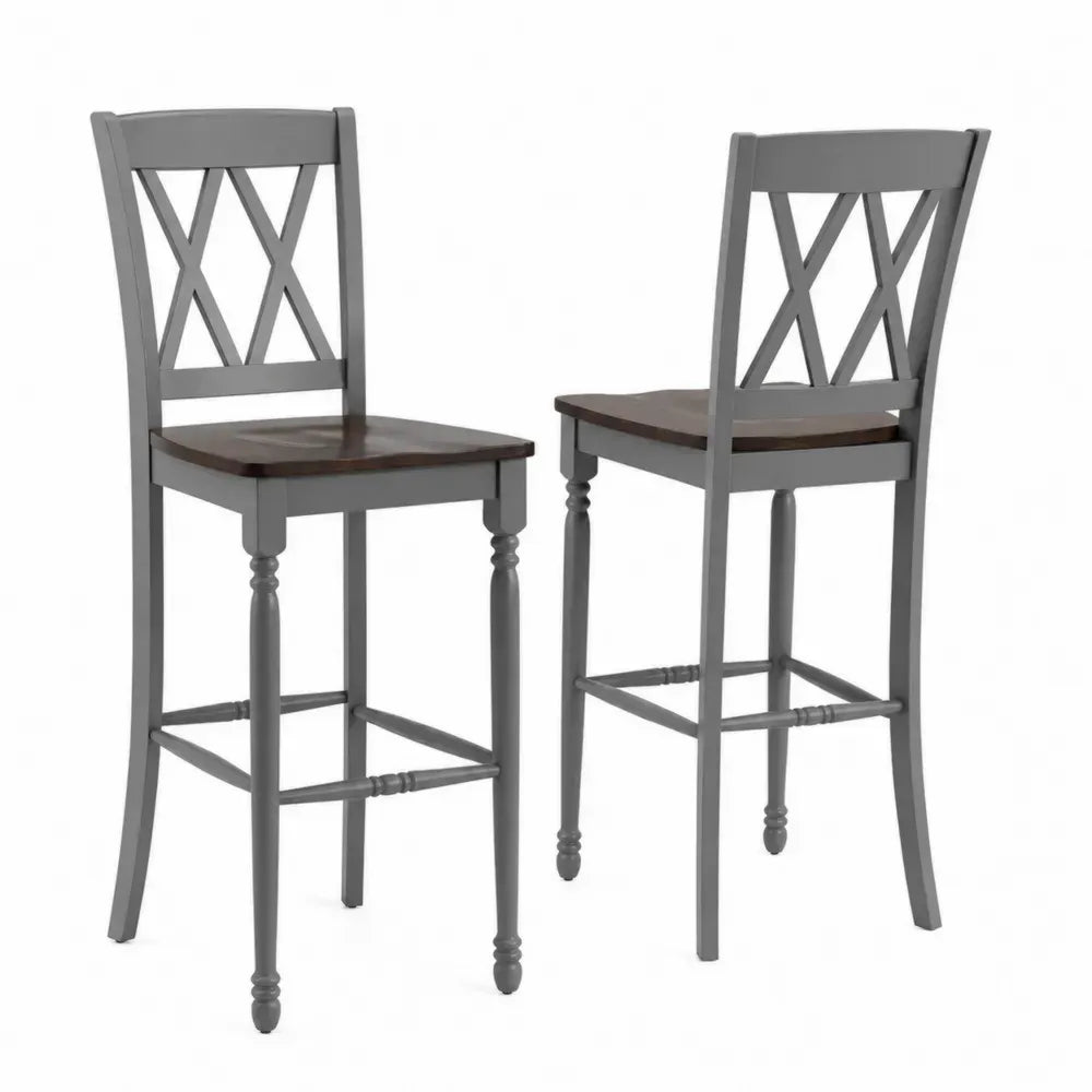 2er-Set Barhocker mit Rückenlehne aus Holz, grau/braun