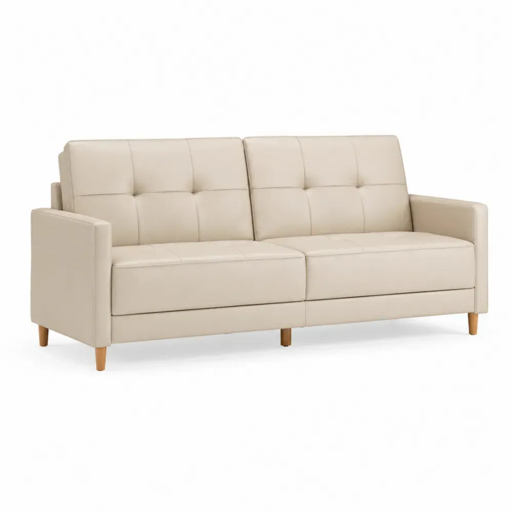 3-Sitzer Sofa aus PU-Leder mit Holzbeinen in Beige