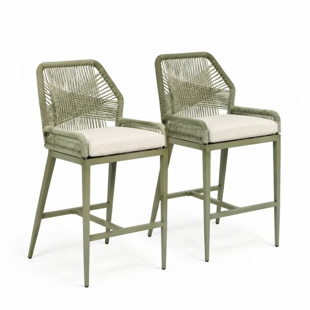 2er-Set Barhocker aus Aluminium und Polyrattan in Olivgrün