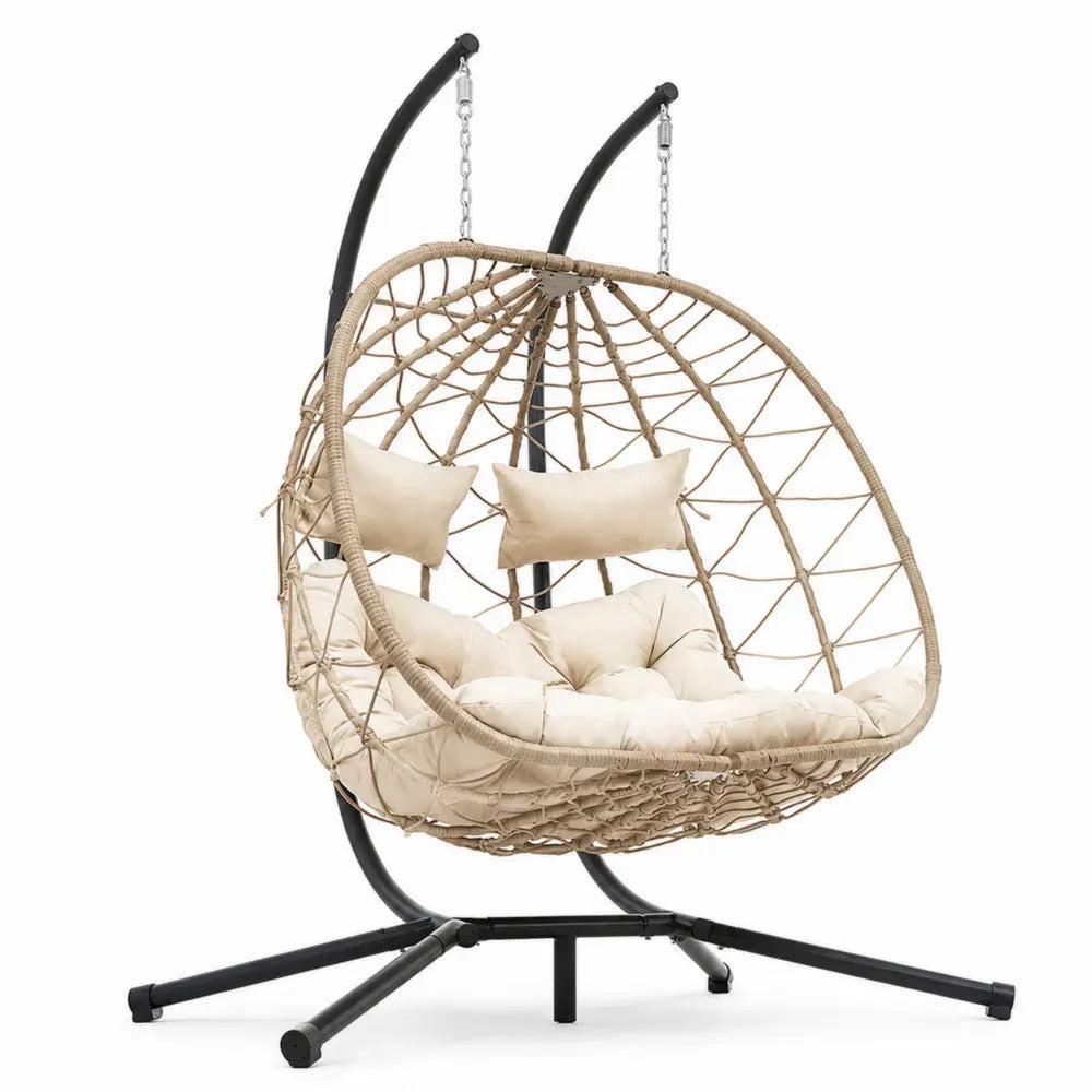 Hängesessel mit Gestell aus Rattan und Stahl, Beige