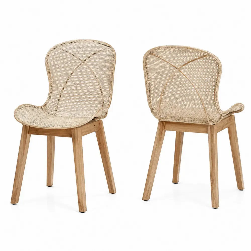 Esszimmerstuhl Set aus Rattan und Eichenholz, 2-teilig, Beige/Natur