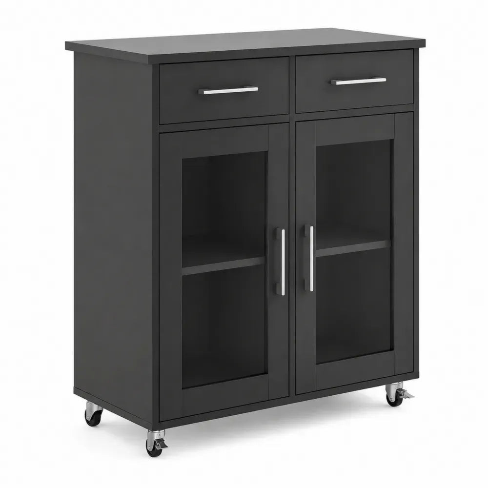 Küchenwagen mit Schubladen und Glastüren MDF/Glas Schwarz