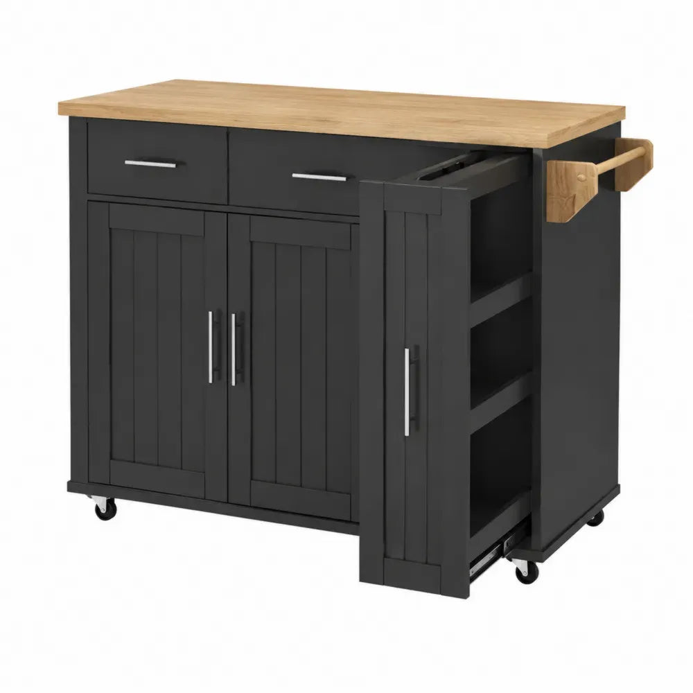 Schwarzer Küchenwagen mit MDF-Schrank und Eichenarbeitsplatte