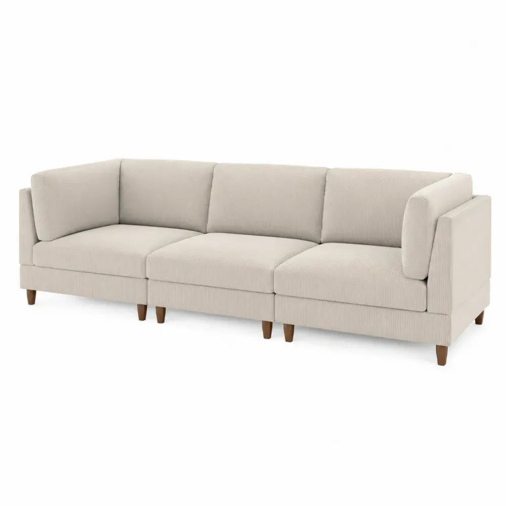 Ecksofa Beige Cord 3-Sitzer Polyester mit Holzbeinen