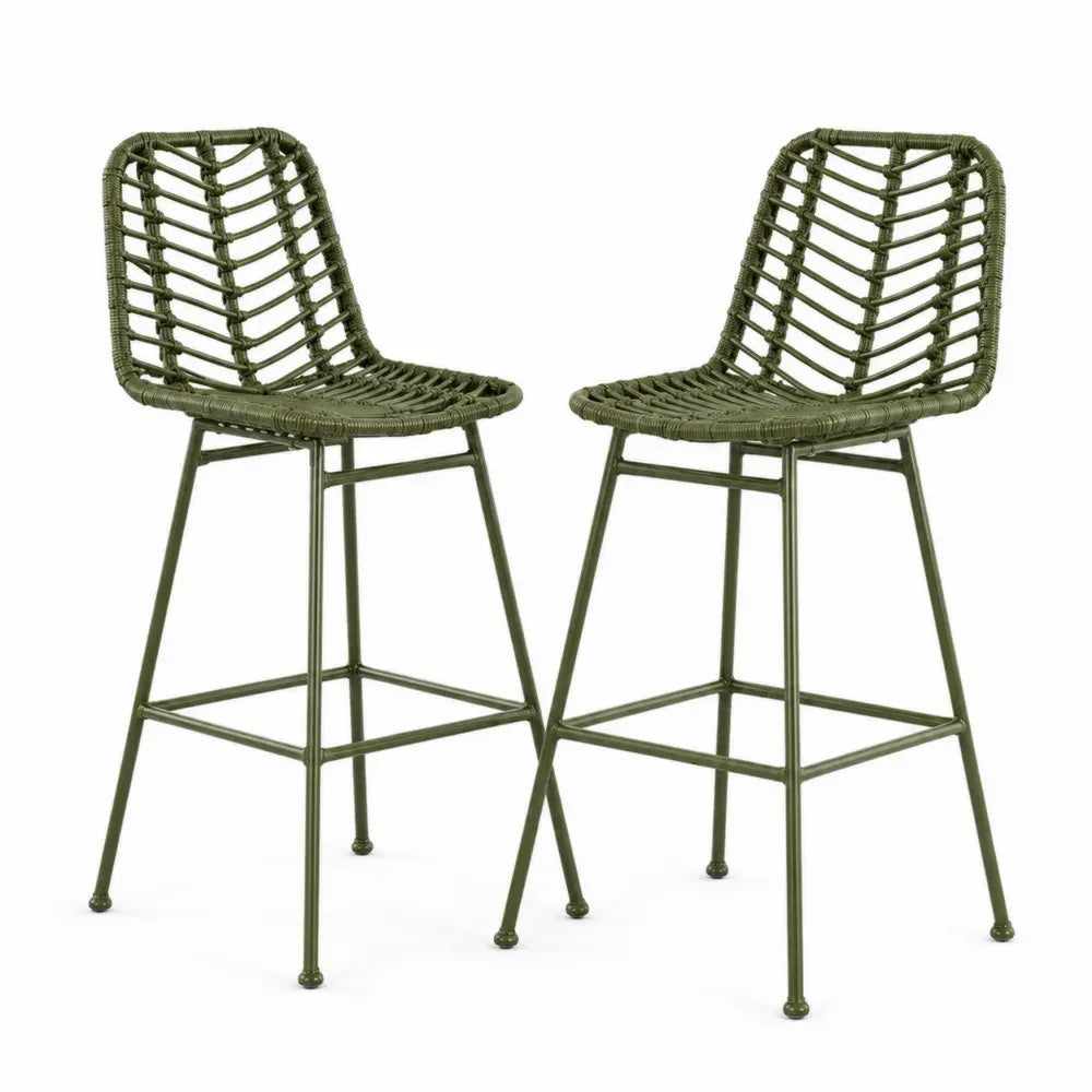 2er Set Barhocker aus Metall und Polyethylengeflecht Grün 100cm