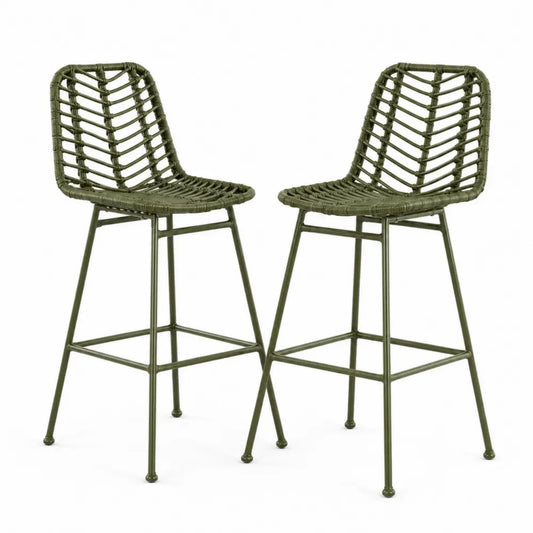 2er Set Barhocker aus Metall und Polyethylengeflecht Grün 100cm