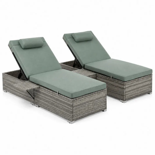 Verstellbares Gartenliege-Set aus Rattan mit Aluminiumrahmen und grünen Polstern