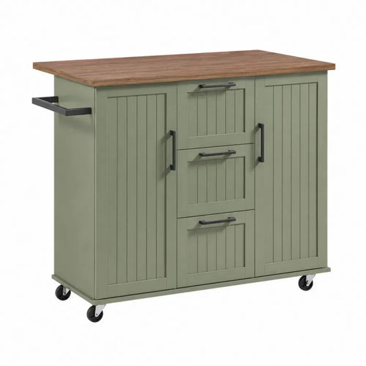 Küchenwagen Holz mit Schubladen und Schrank Grün