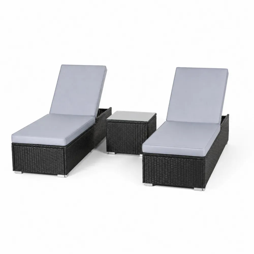 Outdoor Rattan Sonnenliegen Set Schwarz mit Polster Grau, 2 Liegen mit Tisch