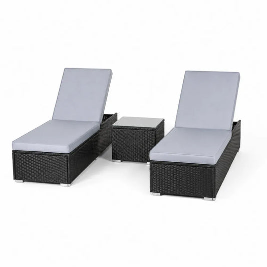 Outdoor Rattan Sonnenliegen Set Schwarz mit Polster Grau, 2 Liegen mit Tisch