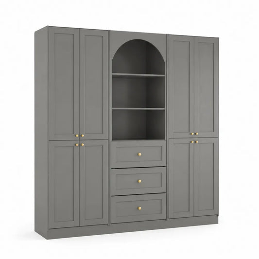 Grauer MDF-Schrank mit Regalen und Schubladen 200x180x40 cm