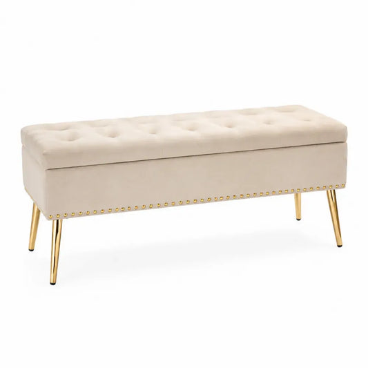 Beige Polsterbank aus Samt mit Metallfüßen und Stauraum