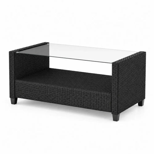 Gartentisch Glasplatte Polyrattan Schwarz 100x50x40cm